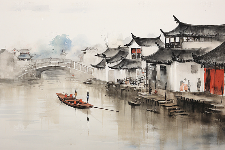 水墨江南水乡小桥流水插画