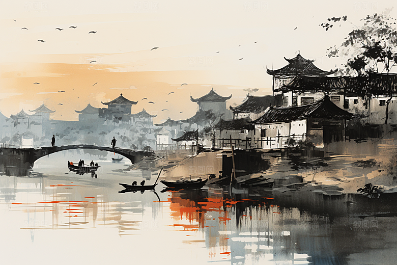 水墨江南粉墙黛瓦水彩插画