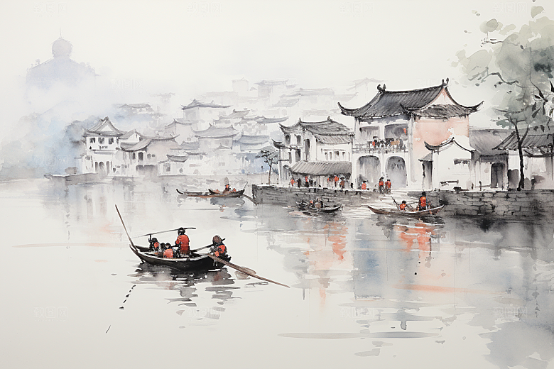 水墨江南手绘水乡插画