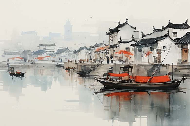 水墨江南小桥流水晕染插画