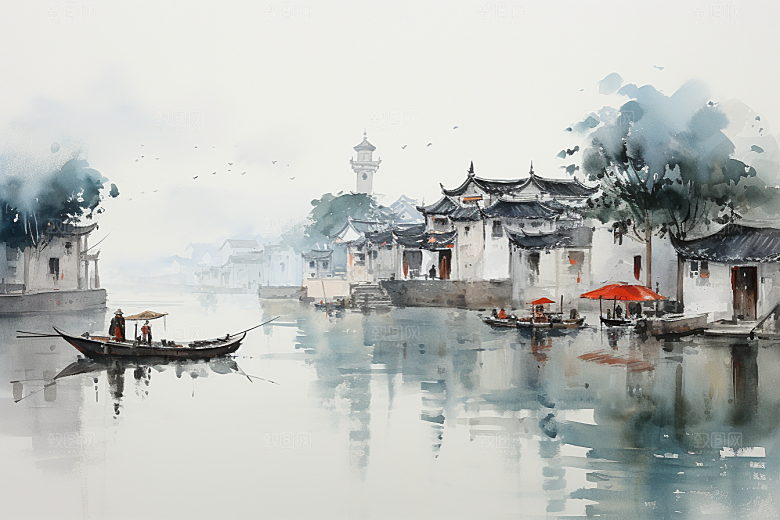 水墨江南小镇粉墙黛瓦插画
