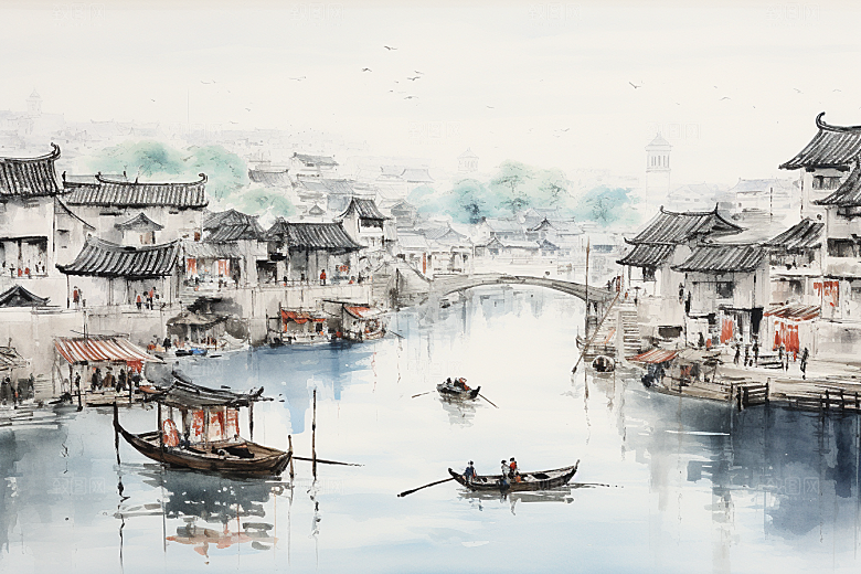 水墨江南粉墙黛瓦中式插画