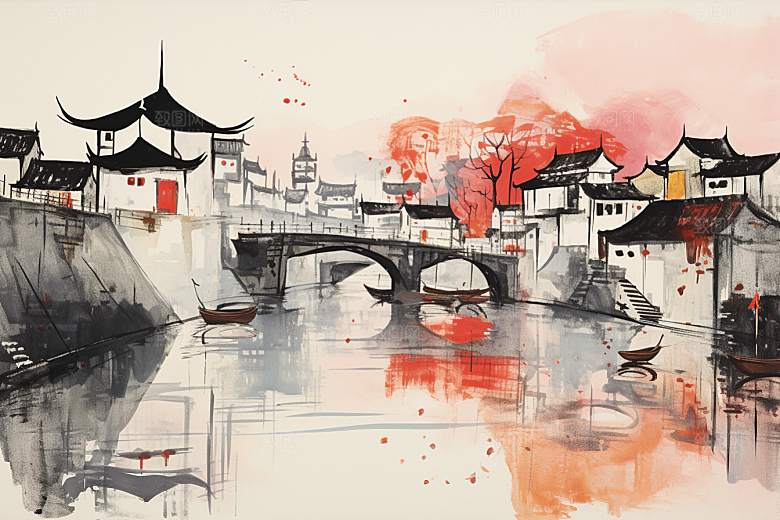 水墨江南水彩中国风插画