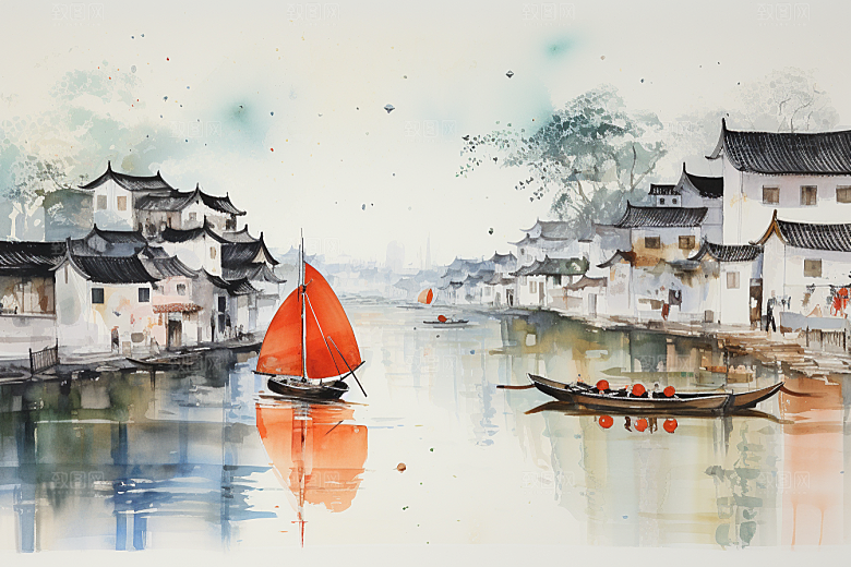 水墨江南小桥流水水乡插画