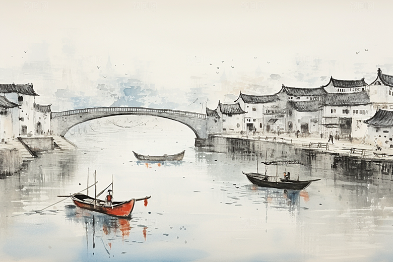 水墨江南水乡小镇插画