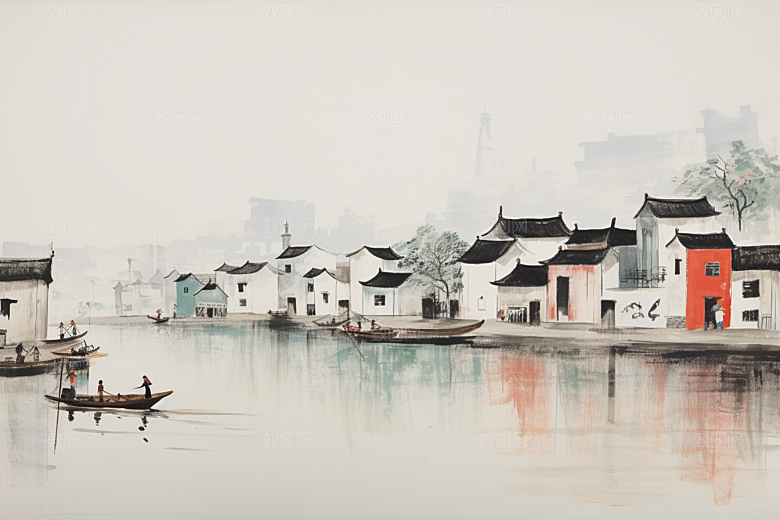 水墨江南小镇小桥流水插画