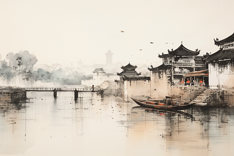 水墨江南中国风晕染插画