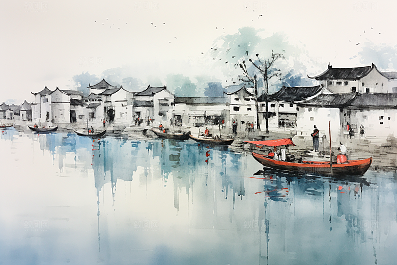 水墨江南小桥流水小镇插画