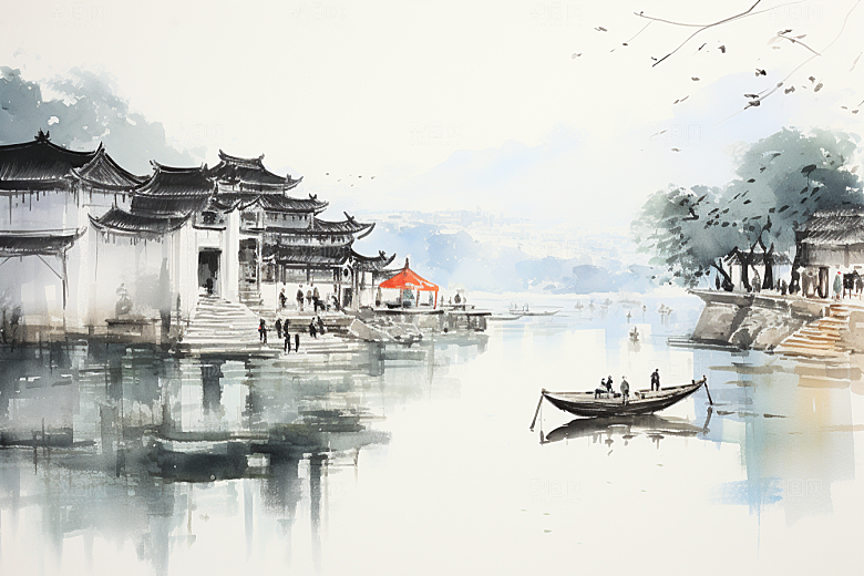 水墨江南水乡中式插画
