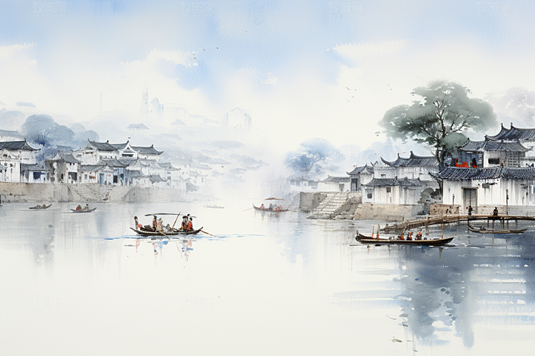 水墨江南中国风水乡插画