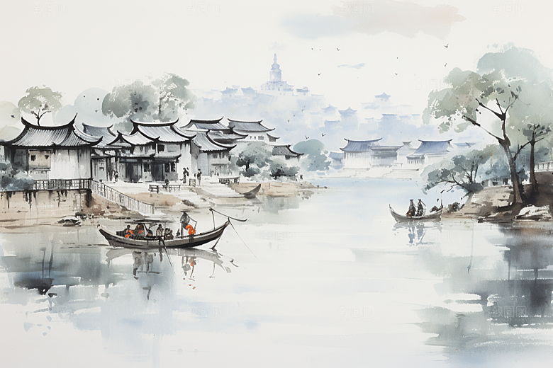 水墨江南粉墙黛瓦手绘插画