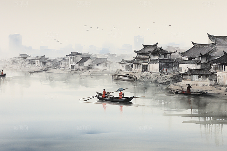 水墨江南水乡水彩插画