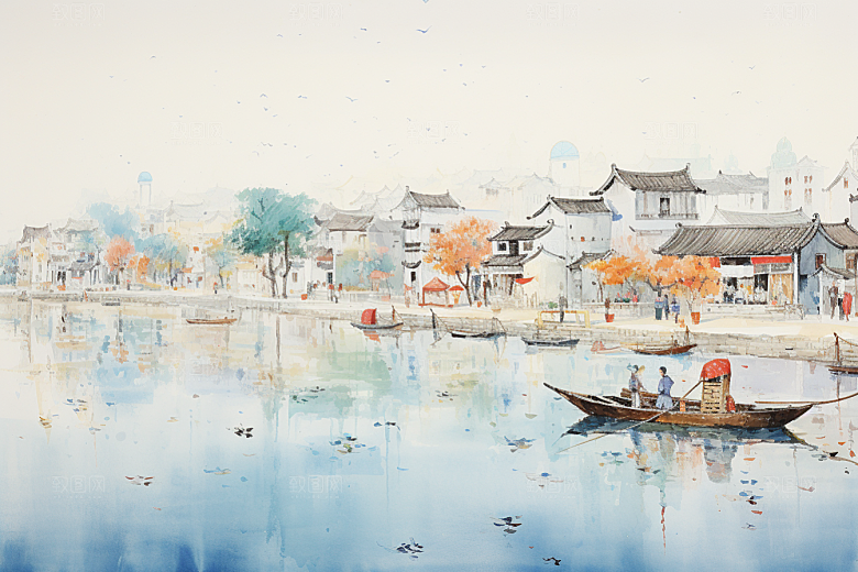 水墨江南手绘水彩插画