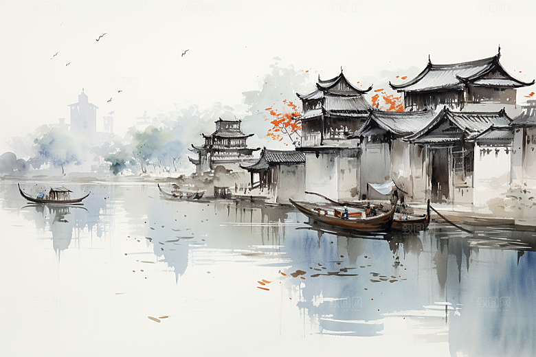 水墨江南水乡小桥流水插画