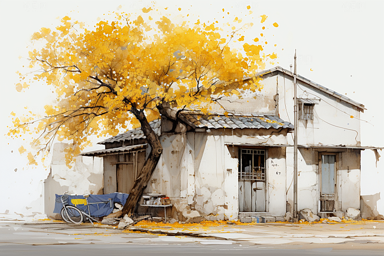 水墨江南小镇手绘插画