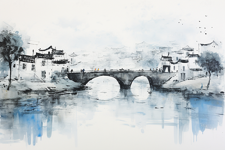 水墨江南粉墙黛瓦手绘插画