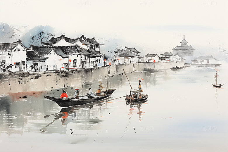 水墨江南水彩晕染插画