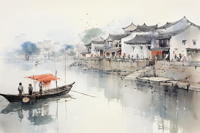 水墨江南晕染小桥流水插画