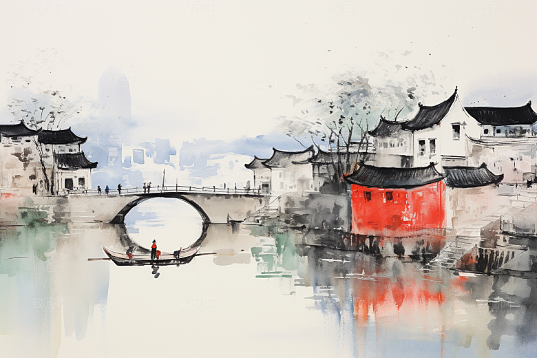 水墨江南中式小镇插画