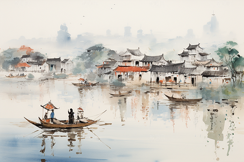 水墨江南粉墙黛瓦中国风插画