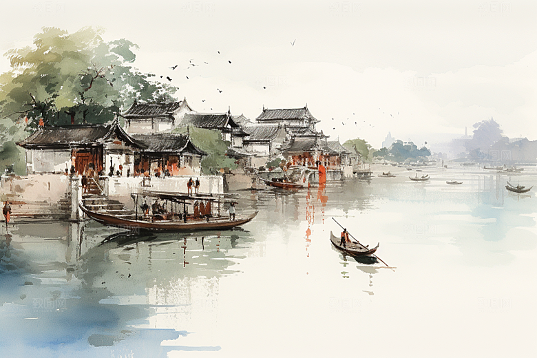 水墨江南中国风晕染插画