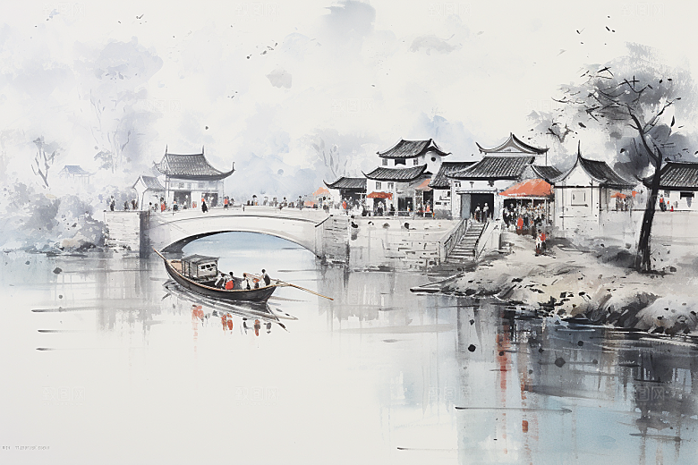 水墨江南粉墙黛瓦小桥流水插画