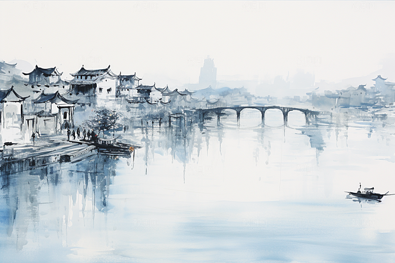 水墨江南粉墙黛瓦小镇插画