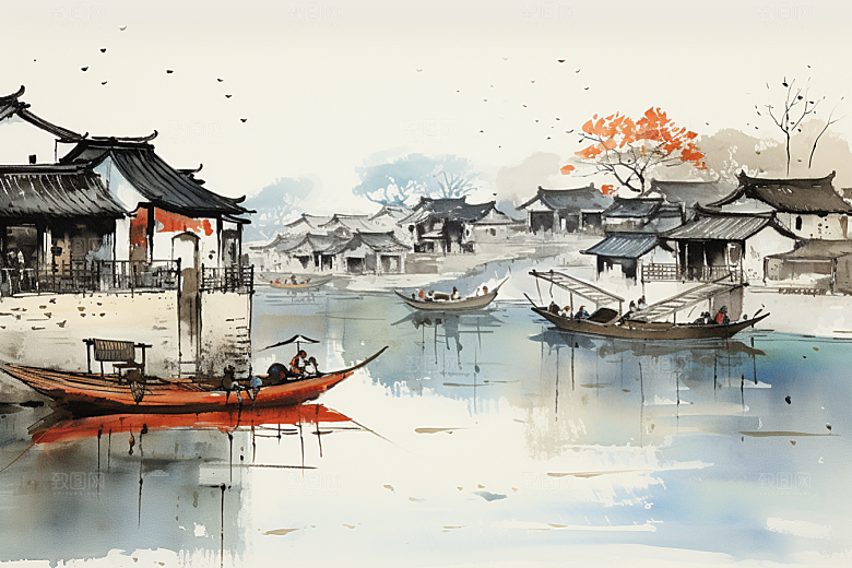 水墨江南晕染粉墙黛瓦插画
