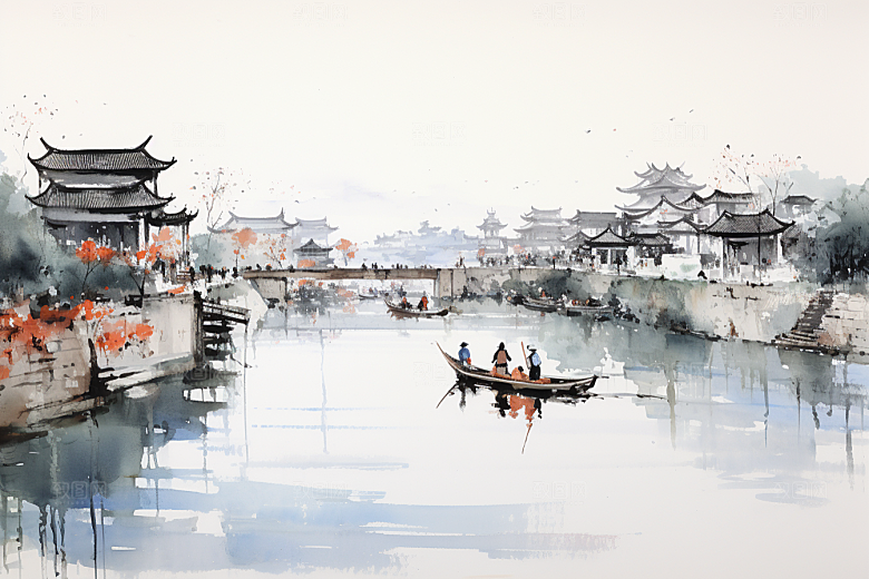 水墨江南中式手绘插画
