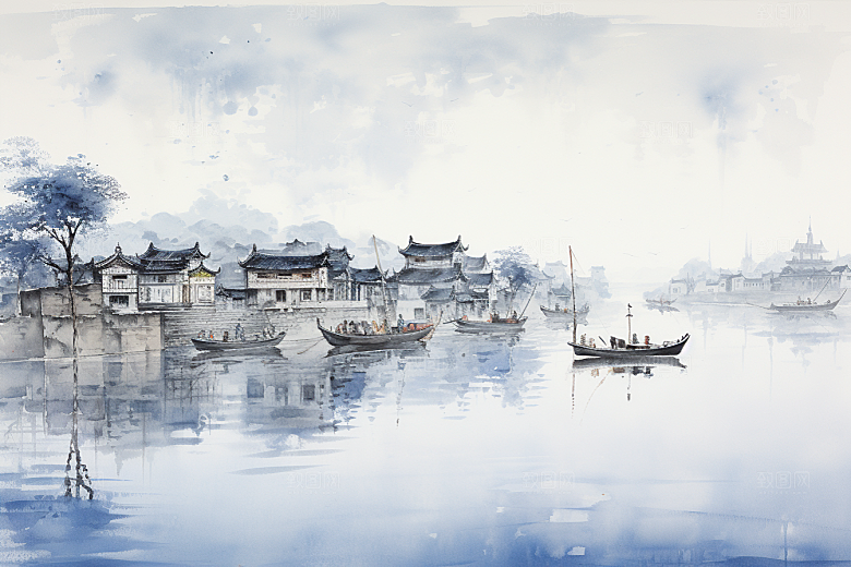 水墨江南中式小桥流水插画