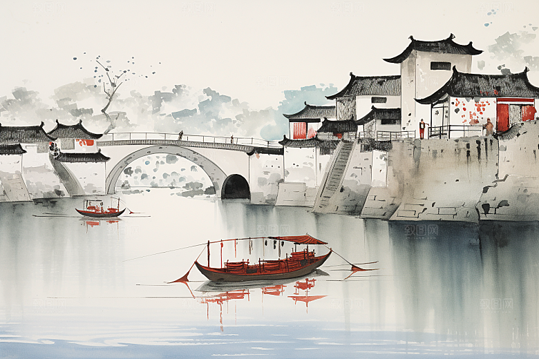 水墨江南晕染水乡插画