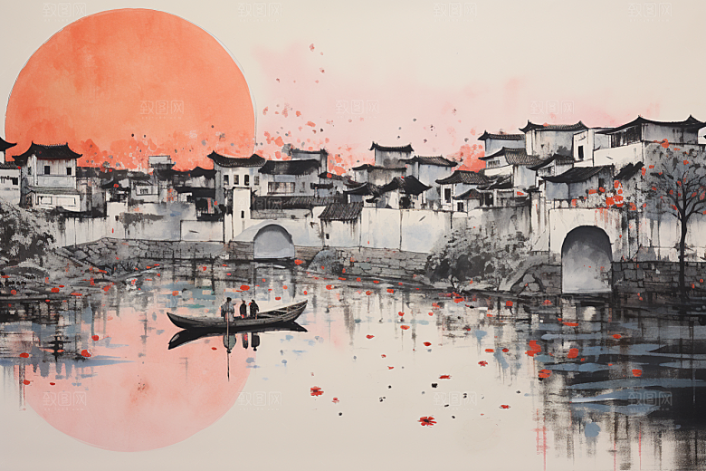 水墨江南水乡小镇插画