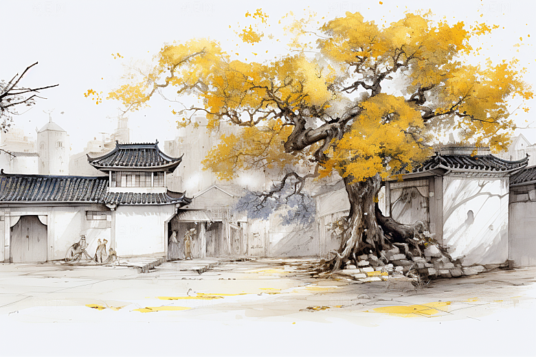 水墨江南粉墙黛瓦小镇插画