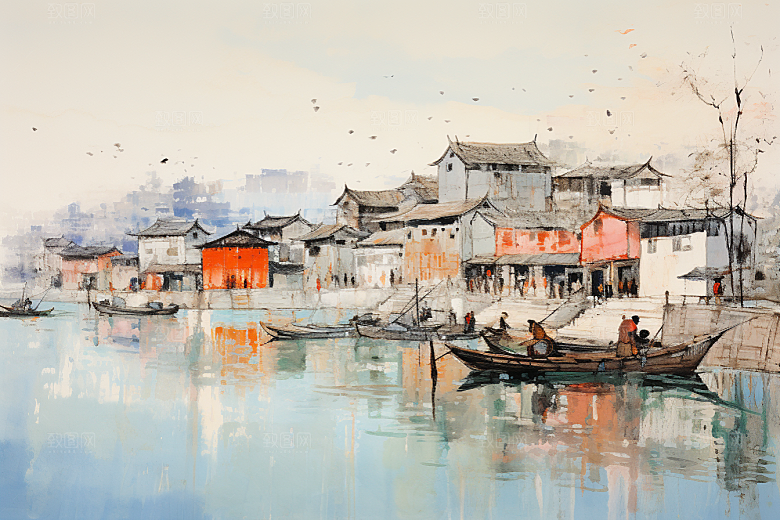 水墨江南粉墙黛瓦中国风插画