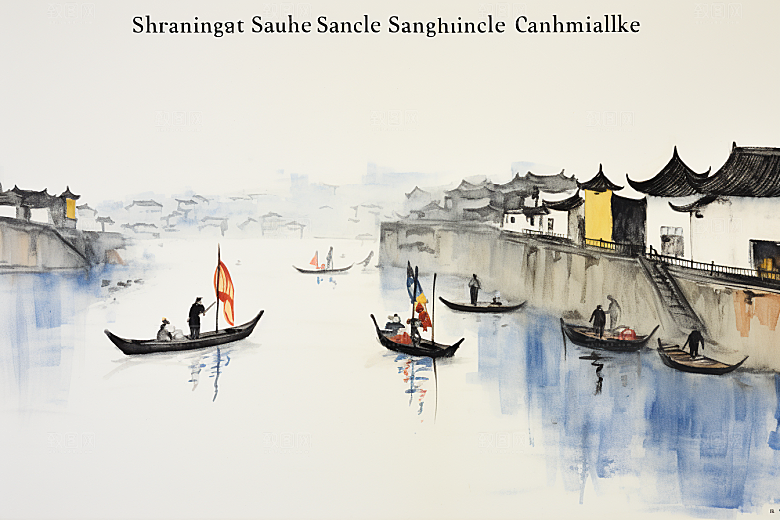 水墨江南水乡中式插画