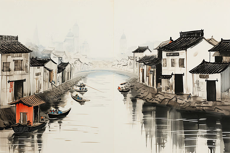 水墨江南手绘水乡插画