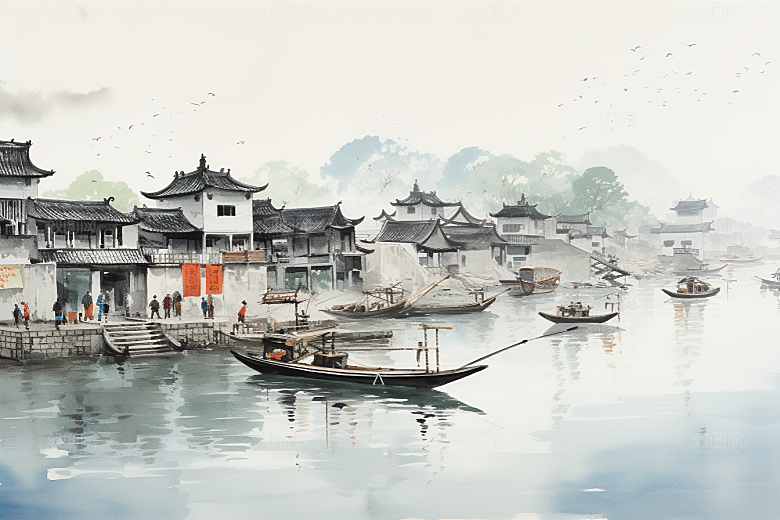 水墨江南小桥流水小镇插画