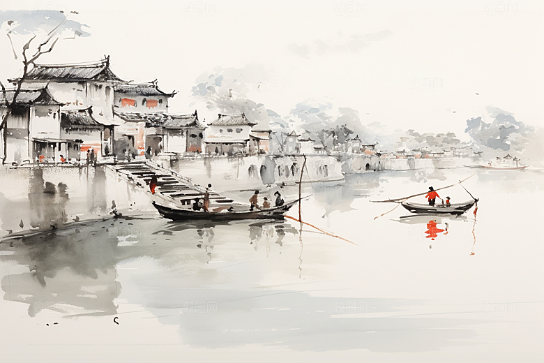 水墨江南中式小桥流水插画