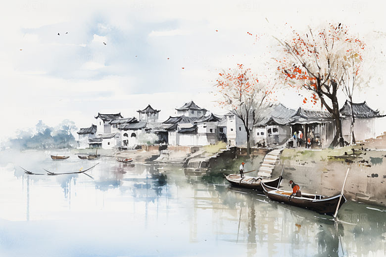 水墨江南粉墙黛瓦手绘插画