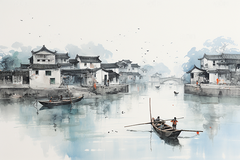 水墨江南粉墙黛瓦手绘插画