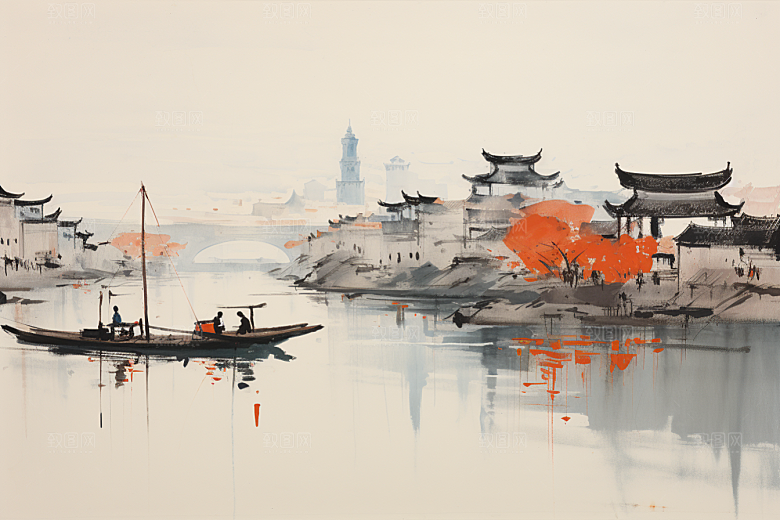 水墨江南中式水乡插画