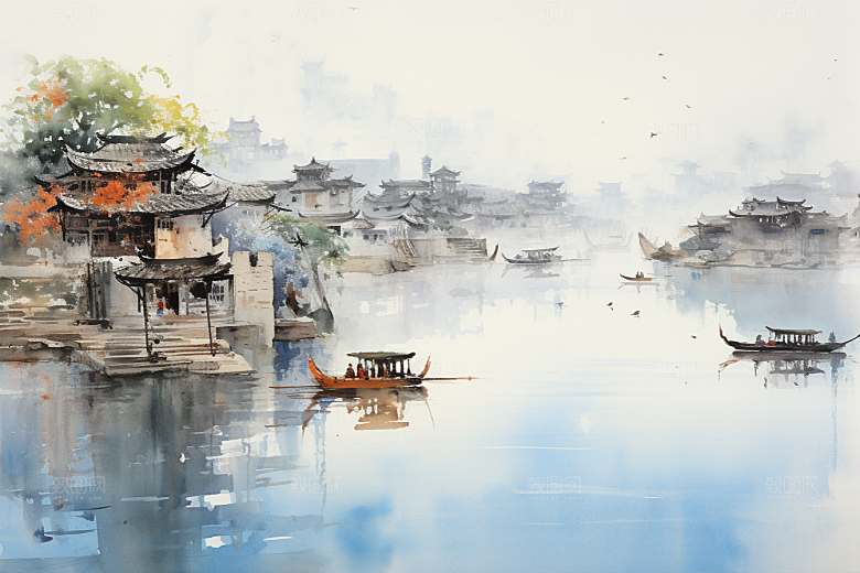 水墨江南晕染手绘插画