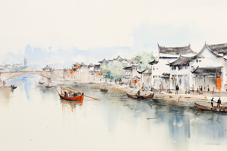 水墨江南小镇小桥流水插画