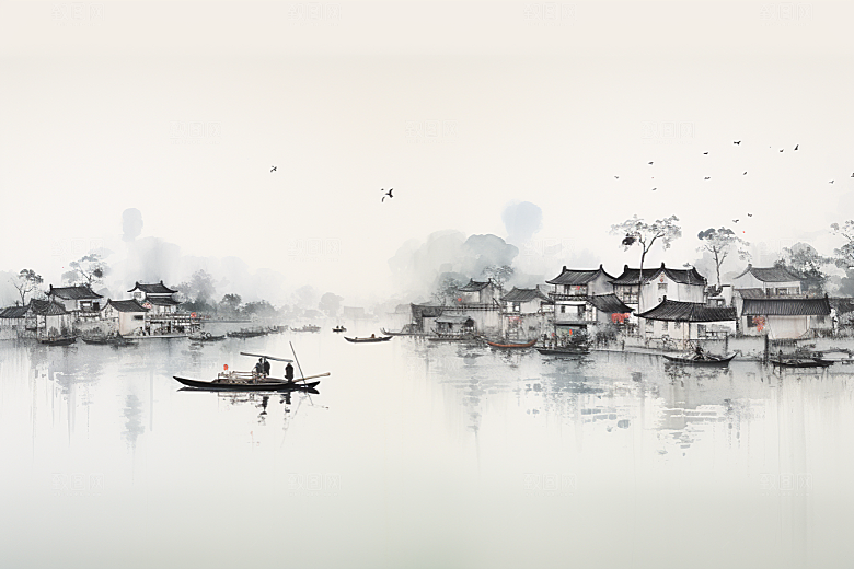 水墨江南水彩水乡插画
