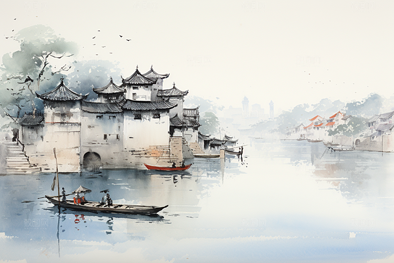 水墨江南小桥流水晕染插画