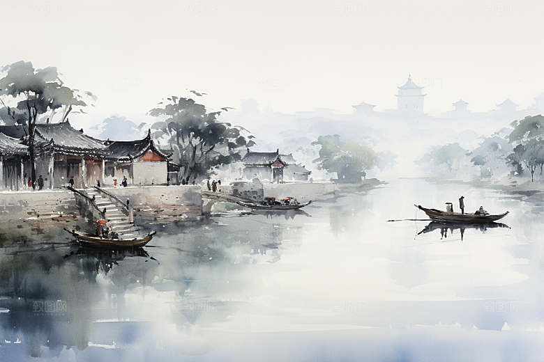 水墨江南手绘小镇插画