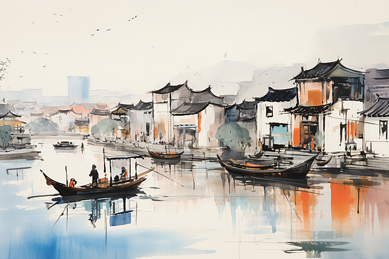 水墨江南晕染手绘插画