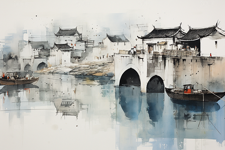 水墨江南水乡粉墙黛瓦插画