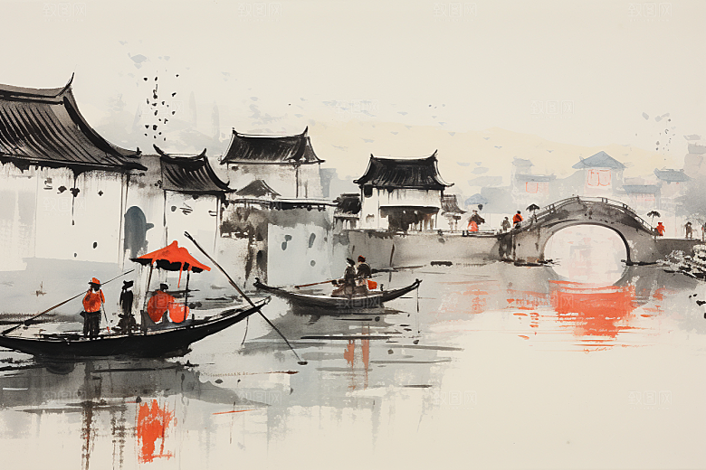 水墨江南中式小镇插画