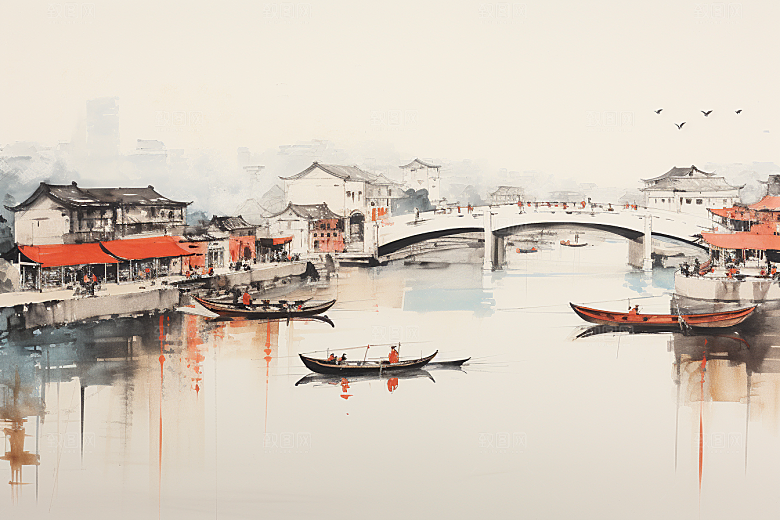 水墨江南水乡粉墙黛瓦插画